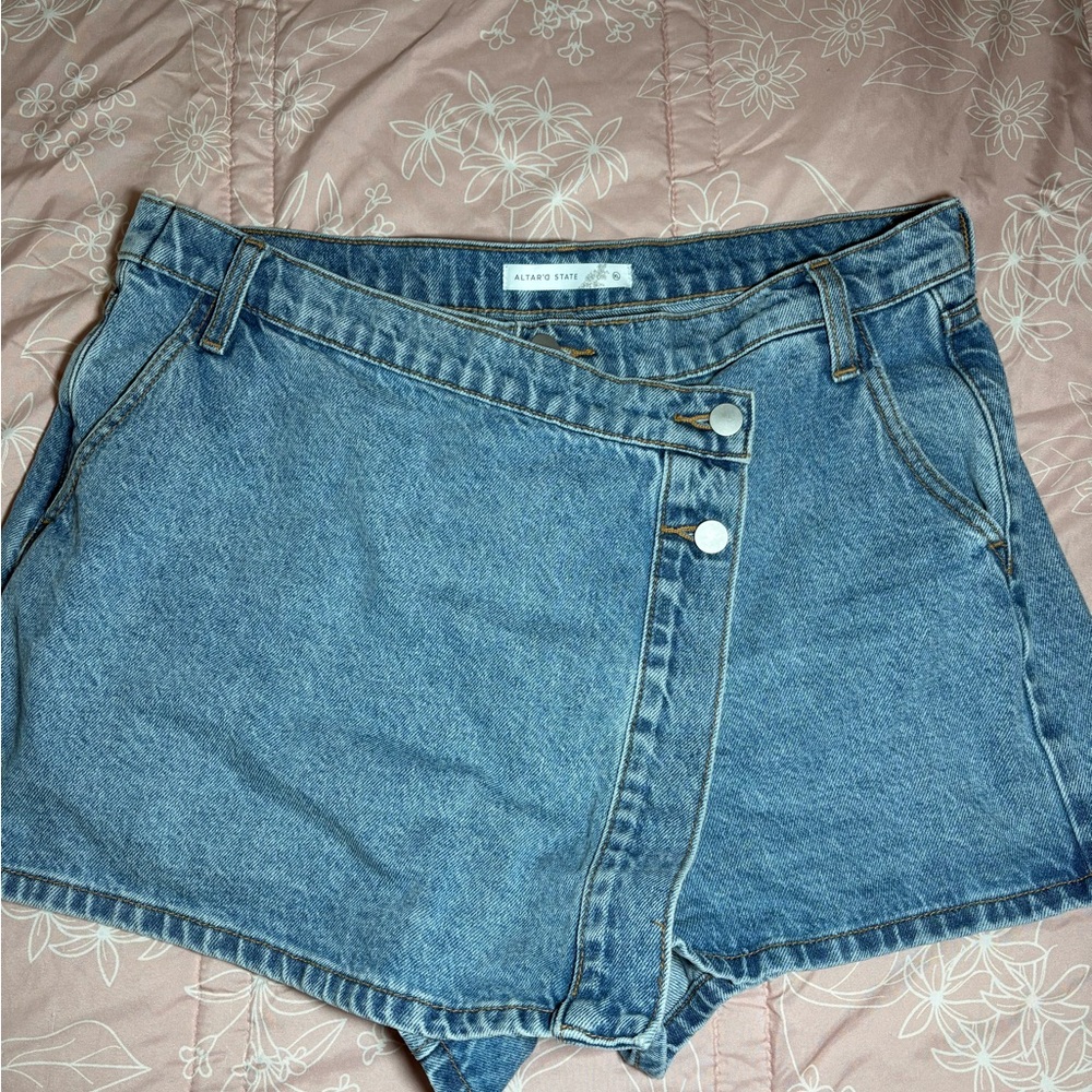 Altar'd State Light Blue High-Waist Wrap Denim Shorts